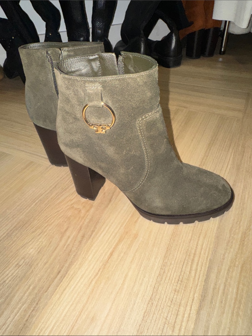 Tory Burch Olive Suede Block Heel Ankle Boots with Gold Ring